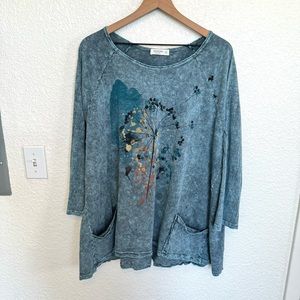 Jess & Jane Women's 1X Dandelion Floral Mineral Wash Boho Print Blouse Flowy
